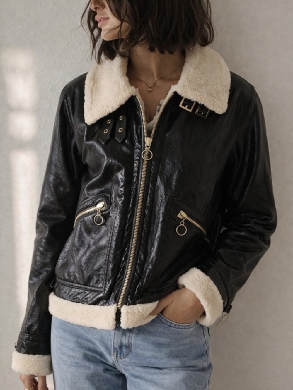 Jonathan Simkhai Vegan Leather Sherpa Aviator‎ Bomber Jacket XS